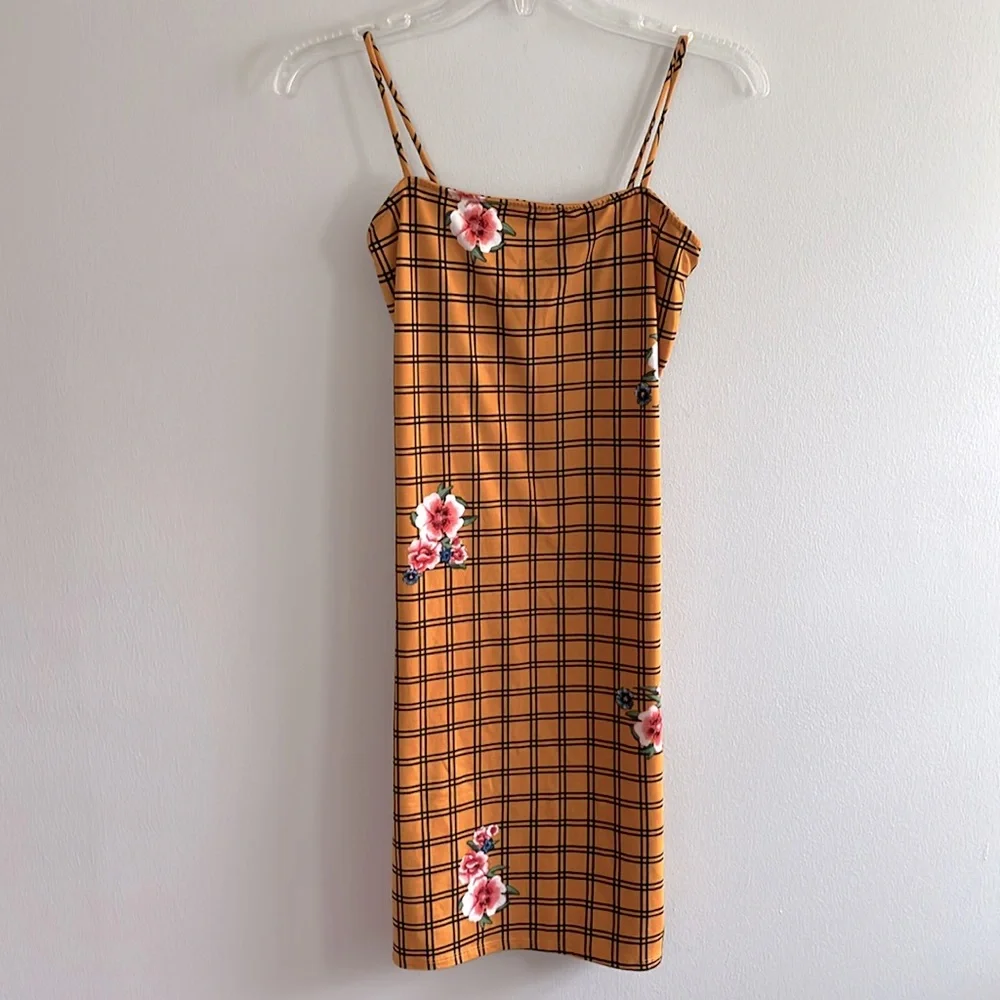 Luv Liz Y2K stretchy spaghetti strap plaid and floral mini dress